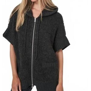 NEW REPEAT CASHMERE alpaca wool blend zip poncho with hood in anthra